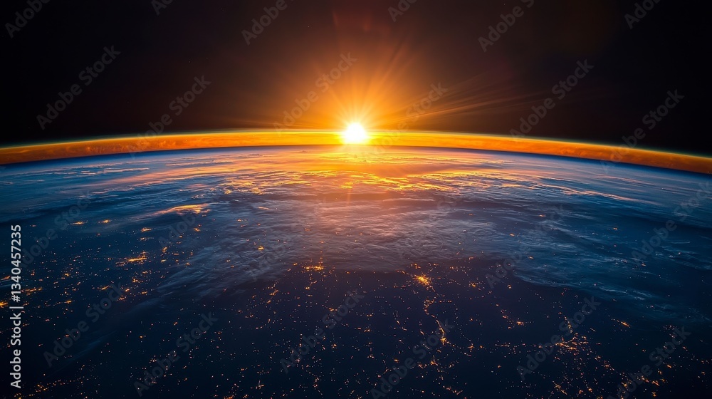 Obraz premium Stunning View of Earth from Space with Rising Sun Over Horizon