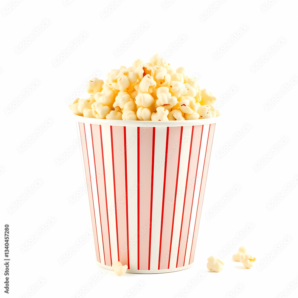 Popcorn in striped bucket isolated on white background Popcorn in striped bucket isolated on white background
