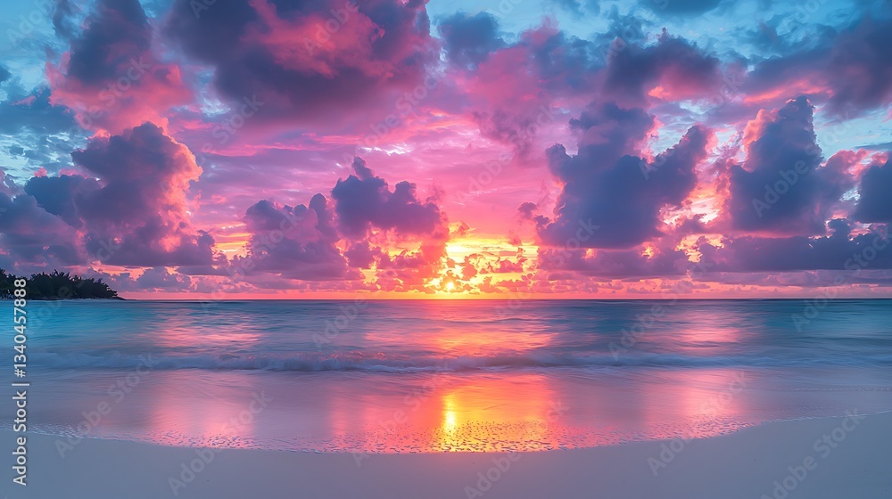 Obraz premium Tropical beach sunset, vibrant clouds, calm ocean. Possible use Stock photo