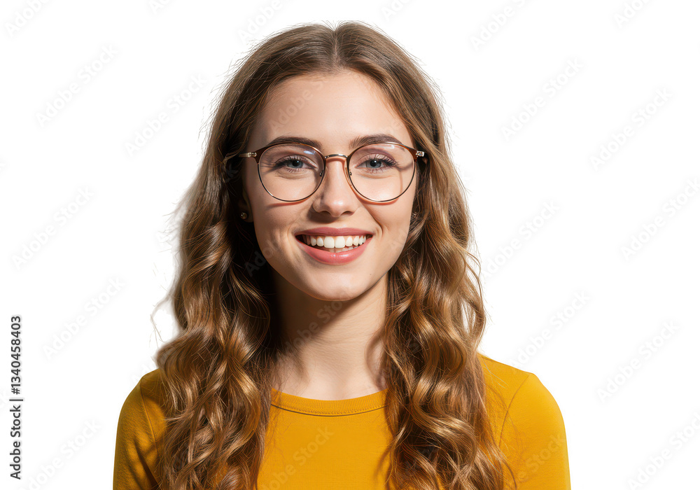 Obraz premium Portrait of a smiling woman with glasses and long wavy hair 
