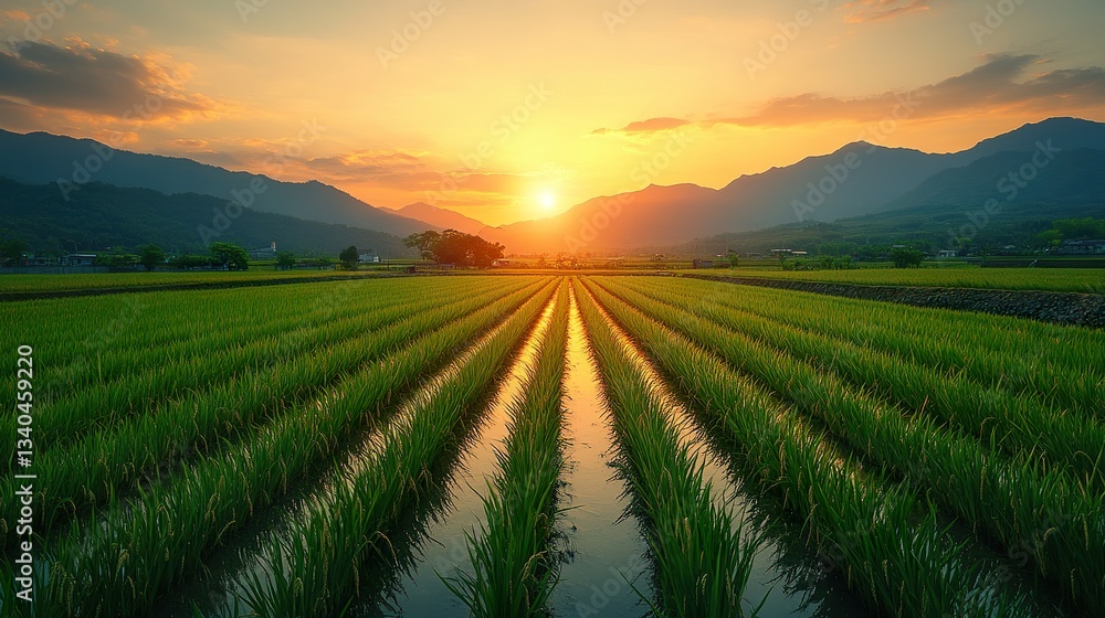 Sunset Over Lush Green Rice Paddy Fields and Mountains Sunset Over Lush Green Rice Paddy Fields and Mountains