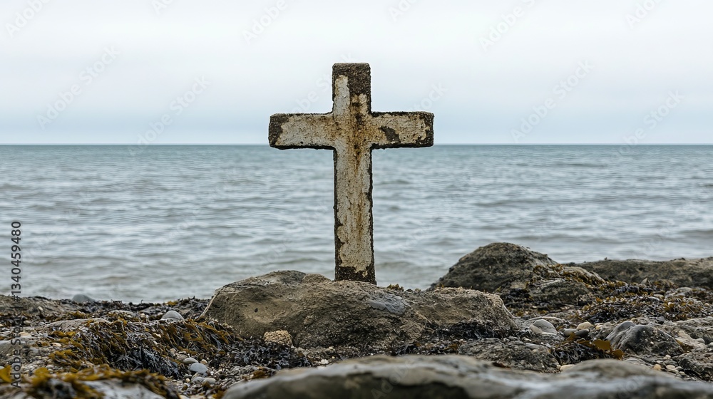 A Simple Weathered Cross Stands on a Rocky Surface, Symbolizing Faith, Strength, and Endurance Through Time A Simple Weathered Cross Stands on a Rocky Surface, Symbolizing Faith, Strength, and Endurance Through Time
