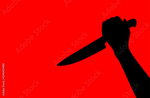 Black silhouette of a hand gripping a knife against a bright red background. Bold, dramatic design for thriller or horror visuals.
