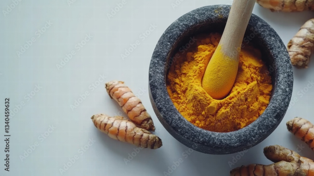 Fototapeta premium Fresh Turmeric Root with Ground Powder in Stone Mortar on White Background