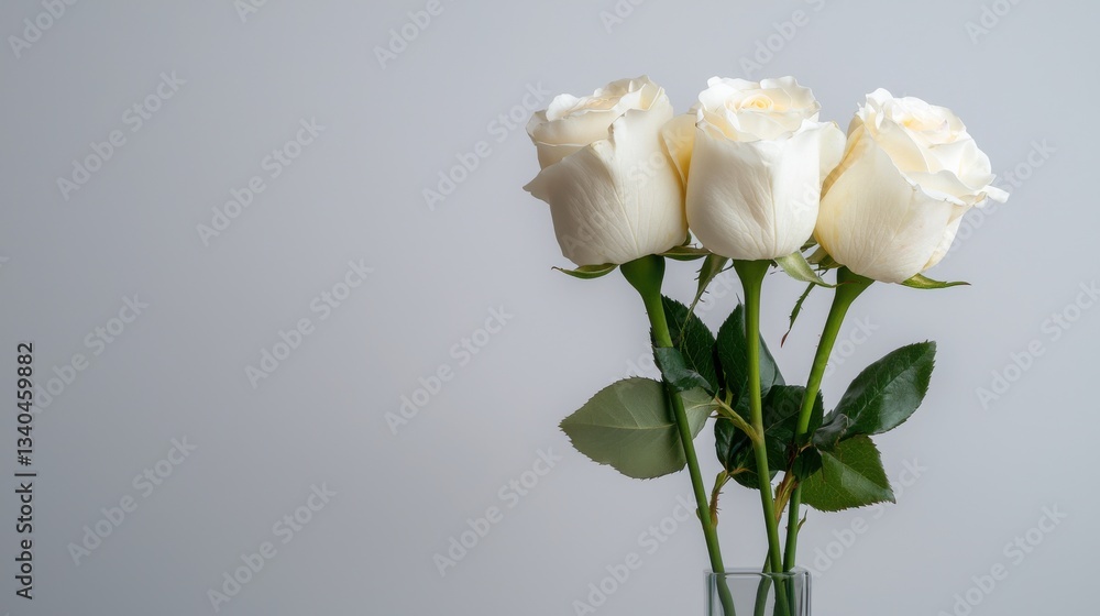 Three white roses in a vase on a white background