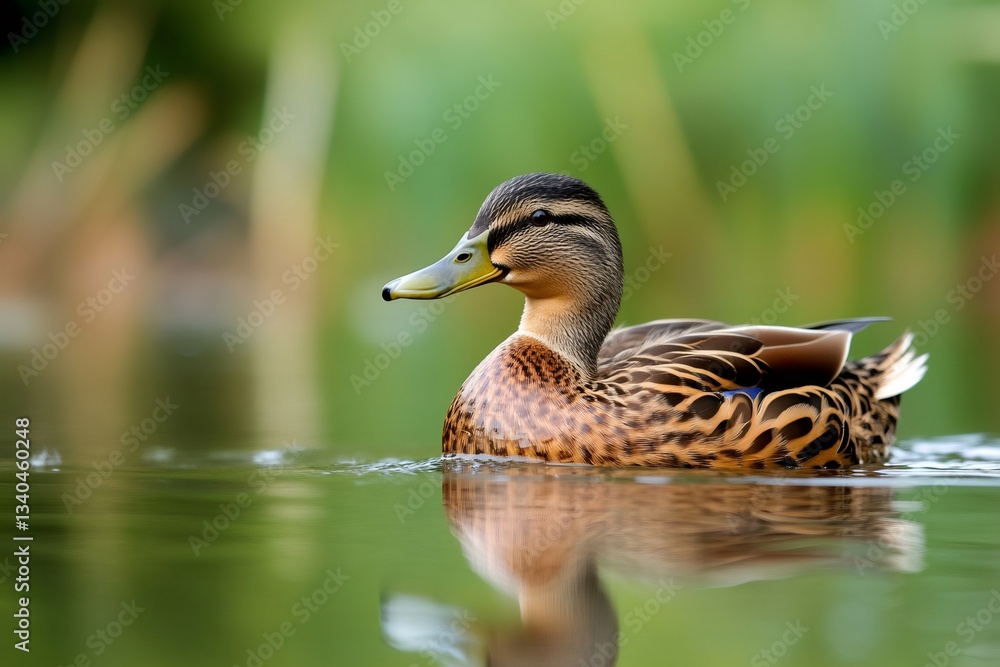 Obraz premium Female mallard duck swimming on green water with reflection