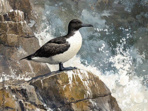 Another razorbill on the coastline, its posture proud against the rugged background of crashing waves and wind-blown cliffs