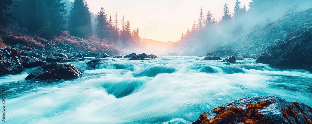 Naklejka premium River rapids landscapes tranquility concept. river, rapids, dramatic, harmonious, glowing, landscapes A serene river flows through a misty forest at sunrise, capturing nature's beauty.