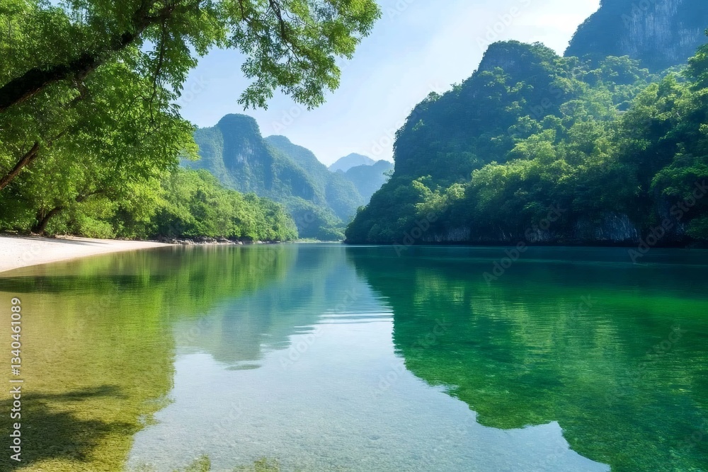 Calm river flowing through green mountains in Vietnam Calm river flowing through green mountains in Vietnam
