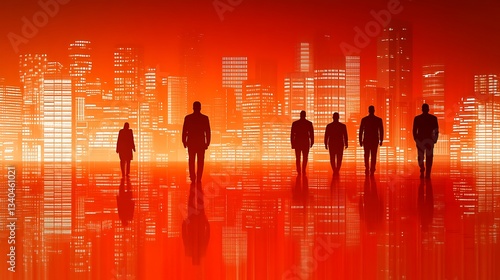 Silhouette figures city scene, night, red glow, business concept, stock photo