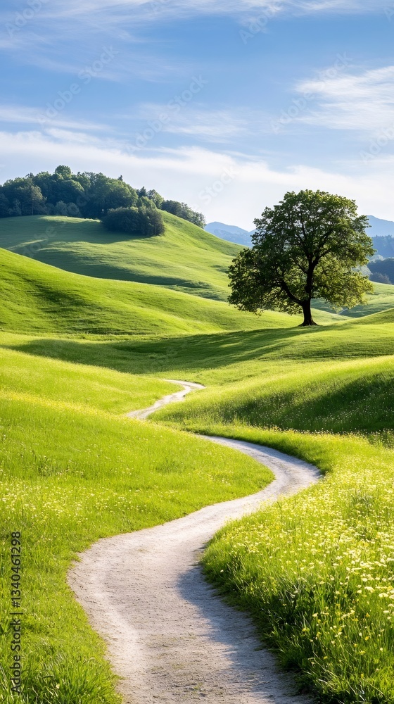 Winding path leading through green rolling hills in summer Winding path leading through green rolling hills in summer