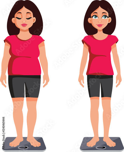 Woman Weighing Herself Before and After Weight Loss Vector Illustration. Person feeling great after body transformation progress 
