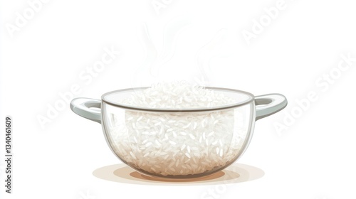 Illustration of rice gently parboiling in a transparent pot with wisps of steam rising, on a crisp white background