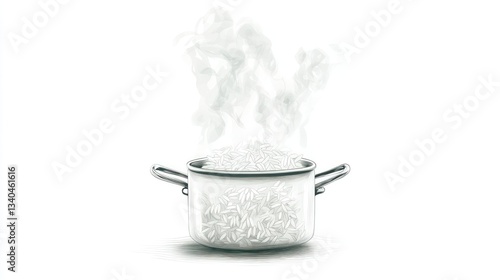 Illustration of rice gently parboiling in a transparent pot with wisps of steam rising, on a crisp white background