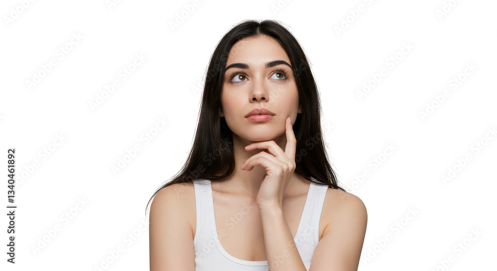 Brunette woman in white tank top looking up with hand on face Brunette woman in white tank top looking up with hand on face