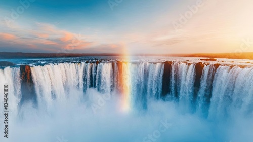 Rainbow waterfall landscapes pristine concept. Majestic waterfall with vibrant rainbow under a clear blue sky at sunset.