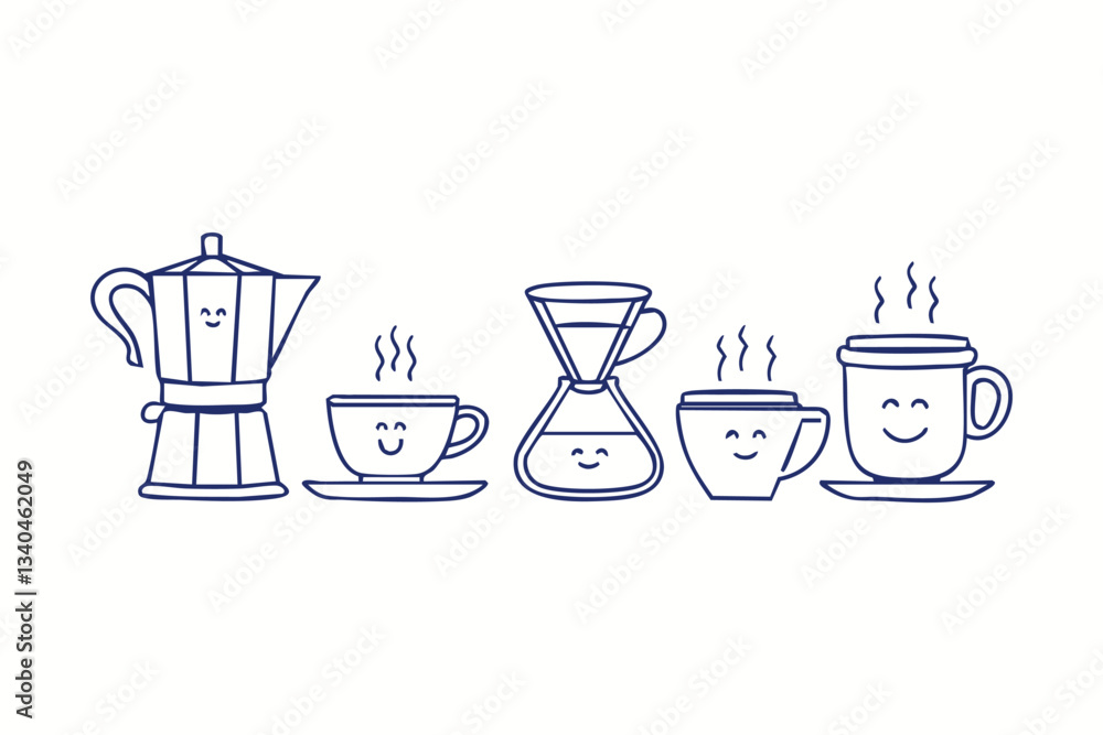 Minimalistic playful vector logo of coffee cups, mugs, and pots with funny cartoon illustrations, smiling characters, and graphic elements for advertising, branding, posters, and banners Minimalistic playful vector logo of coffee cups, mugs, and pots with funny cartoon illustrations, smiling characters, and graphic elements for advertising, branding, posters, and banners