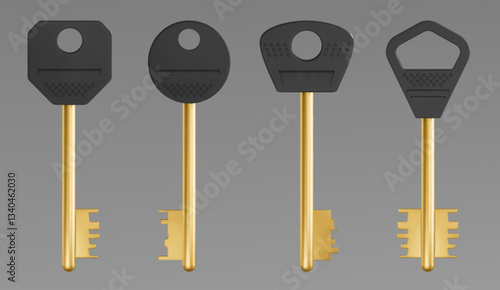 Golden skeleton keys set isolated on background. Vector realistic illustration of different shape metal clue to home, office, room door, real estate security, privacy access protection, success symbol