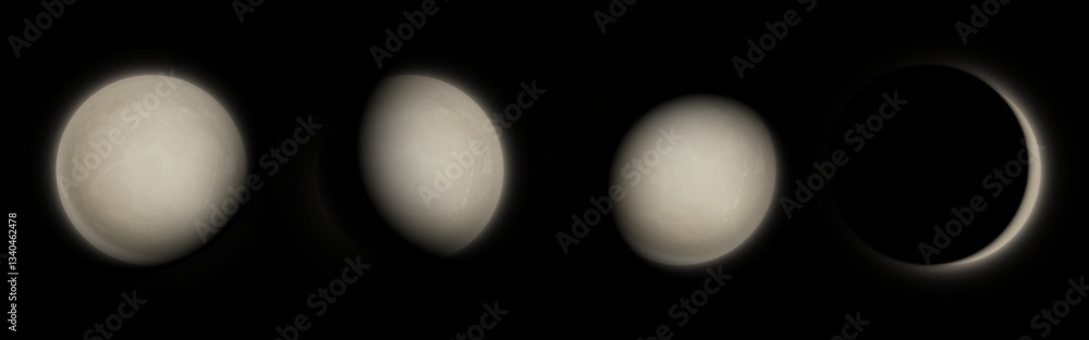 Fototapeta premium Moon phases set isolated on black background. Vector realistic illustration of lunar eclipse, crescent, full and new luna glowing in night sky, gray celestial body, alien planet, astrology icons