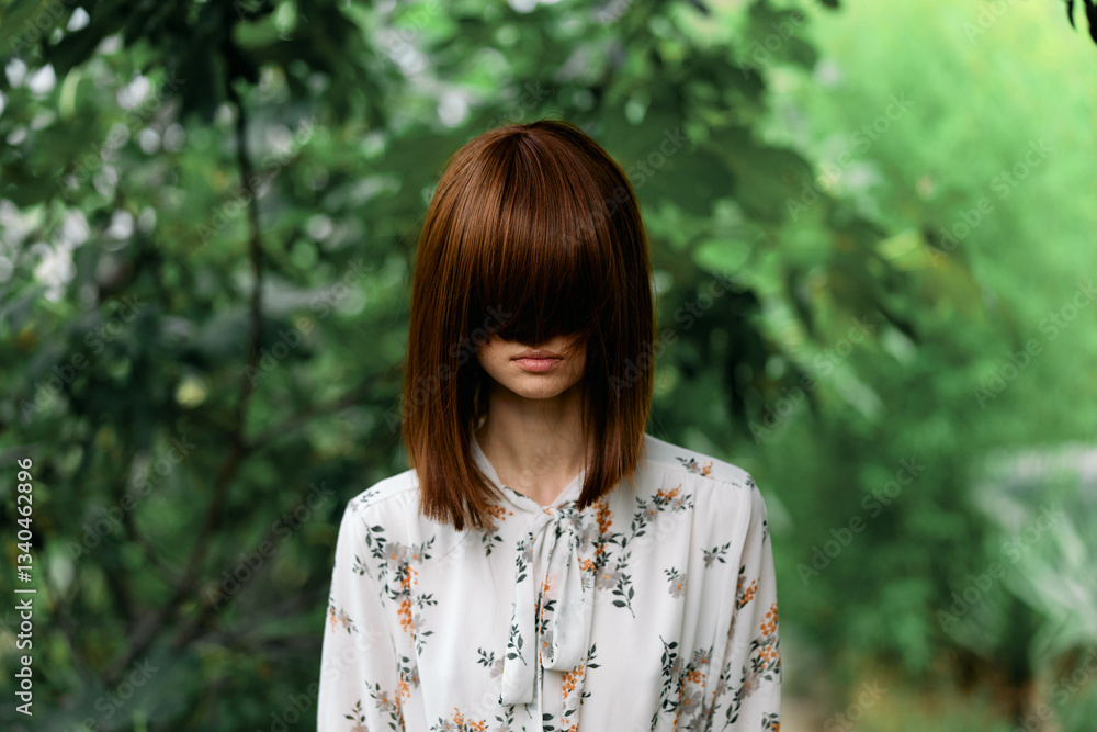 Vibrant redhaired woman standing in lush green forest setting Vibrant redhaired woman standing in lush green forest setting