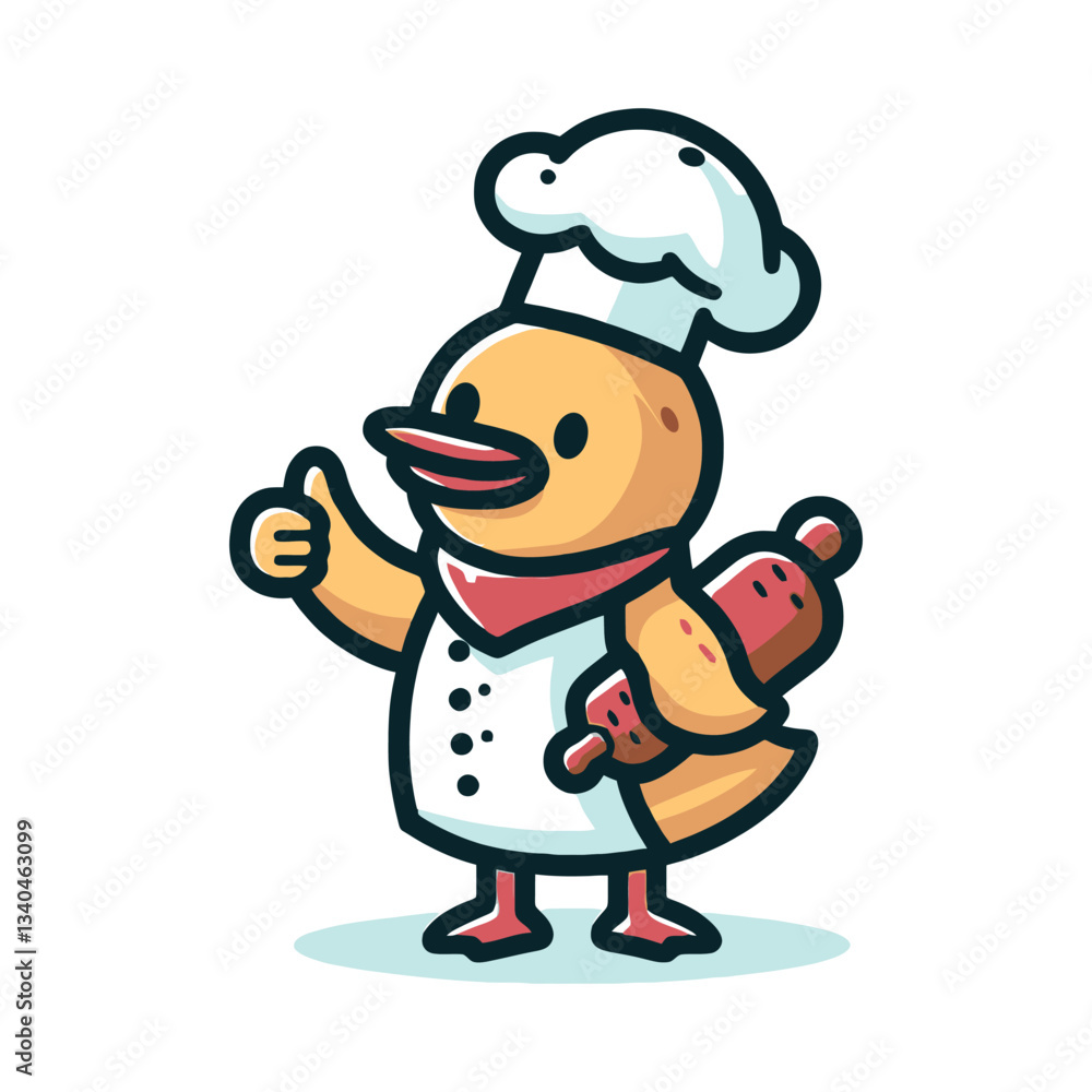 Duck Chef Holding Skewer Funny Cooking Cartoon Character Illustration Duck Chef Holding Skewer Funny Cooking Cartoon Character Illustration