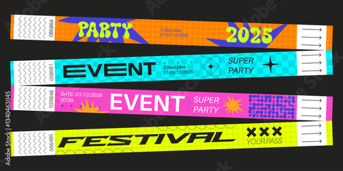 Party bracelet mockups set isolated on black background. Vector realistic illustration of paper wristbands for admission to concert, festival, hotel, vip show, bright neon branding, staff access tags
