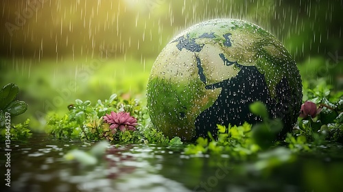 Earth globe in rain, lush greenery, nature scene, environmental concept