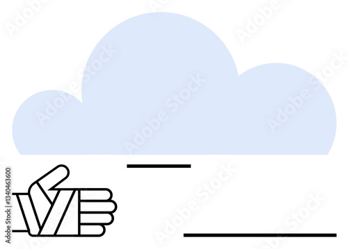 Hand displays thumbs-up gesture under soft blue cloud. Minimal lines create balance, representing positivity, approval, cloud technology, teamwork, or feedback. Ideal for online services, approval