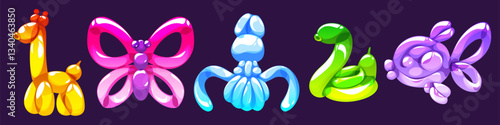 Air balloon animals set isolated on black background. Vector cartoon illustration of cute inflatable bubble dog, butterfly, snake, fish for kids birthday party decoration, holiday fun accessory