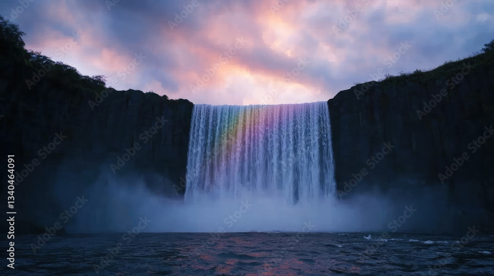 Fototapeta premium Rainbow waterfall landscapes pristine concept. A majestic waterfall cascading down into a serene river under a colorful sky.