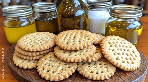 Stacked cookies with olive oil and salt. Background display. Stock photo