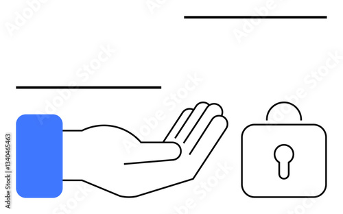 Open hand extended toward padlock representing trust, security, and access control. Ideal for data security, privacy, support, trust-building, secure systems user access protection. Flat simple