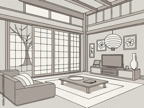 Modern living room interior with furniture, light, and spacious design