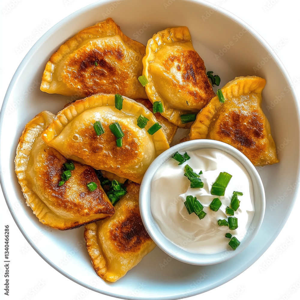 Delicious homemade pierogies served with sour cream and garnished with green onions, perfect for comforting meal Delicious homemade pierogies served with sour cream and garnished with green onions, perfect for comforting meal