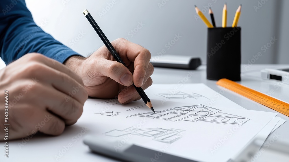 Drawing architectural sketches with a pencil and ruler. Drawing architectural sketches with a pencil and ruler.