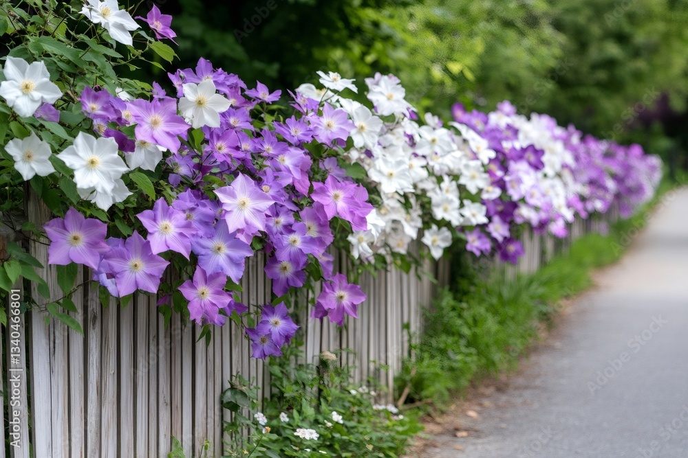 Obraz premium White and purple clematis flowers climbing a wooden fence in a garden