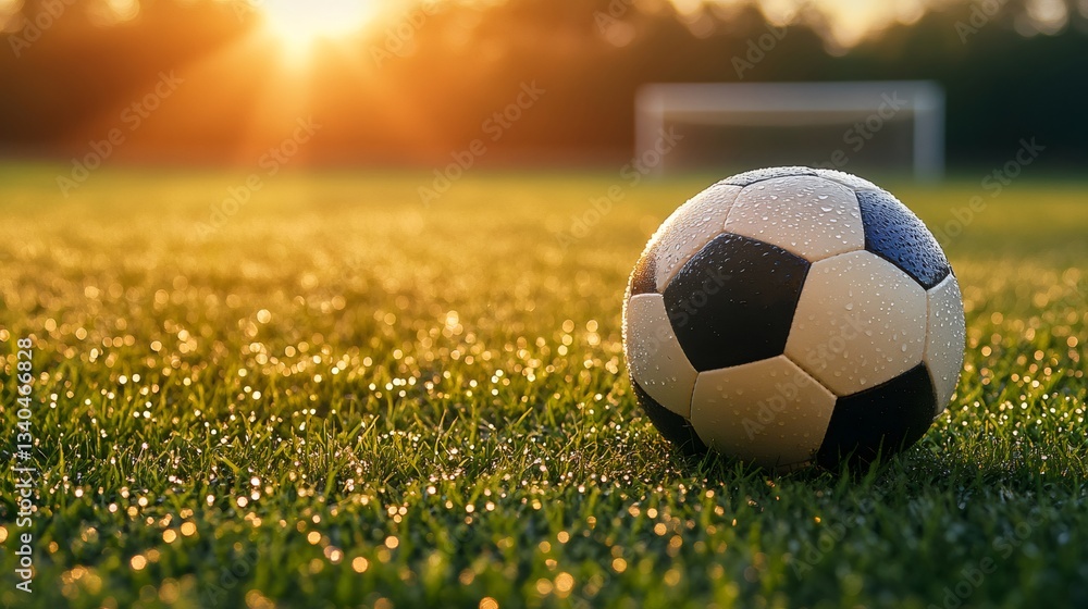 Fototapeta premium Wet soccer ball resting on grass field at sunset