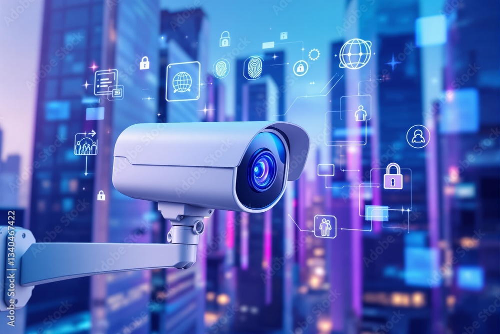Surveillance camera with digital security icons in futuristic cityscape. Surveillance camera with digital security icons in futuristic cityscape.
