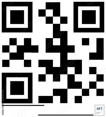 Black and white QR code pattern with a small NFT label embedded, reflecting digital assets, blockchain, and technology. Ideal for NFT, blockchain, tech, digital marketing, coding modern data flat