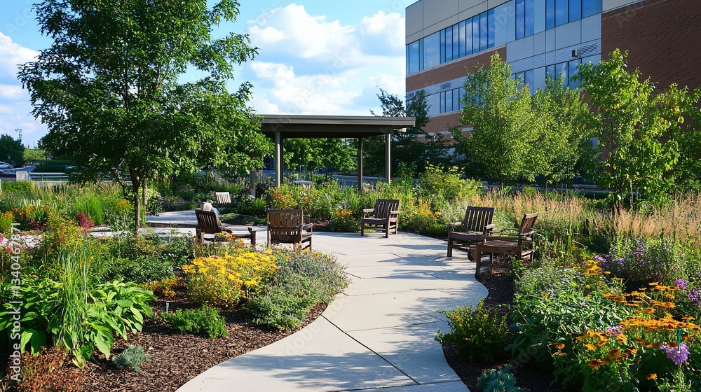 Fototapeta premium A hospital rooftop garden designed for patient recovery and relaxation. picture