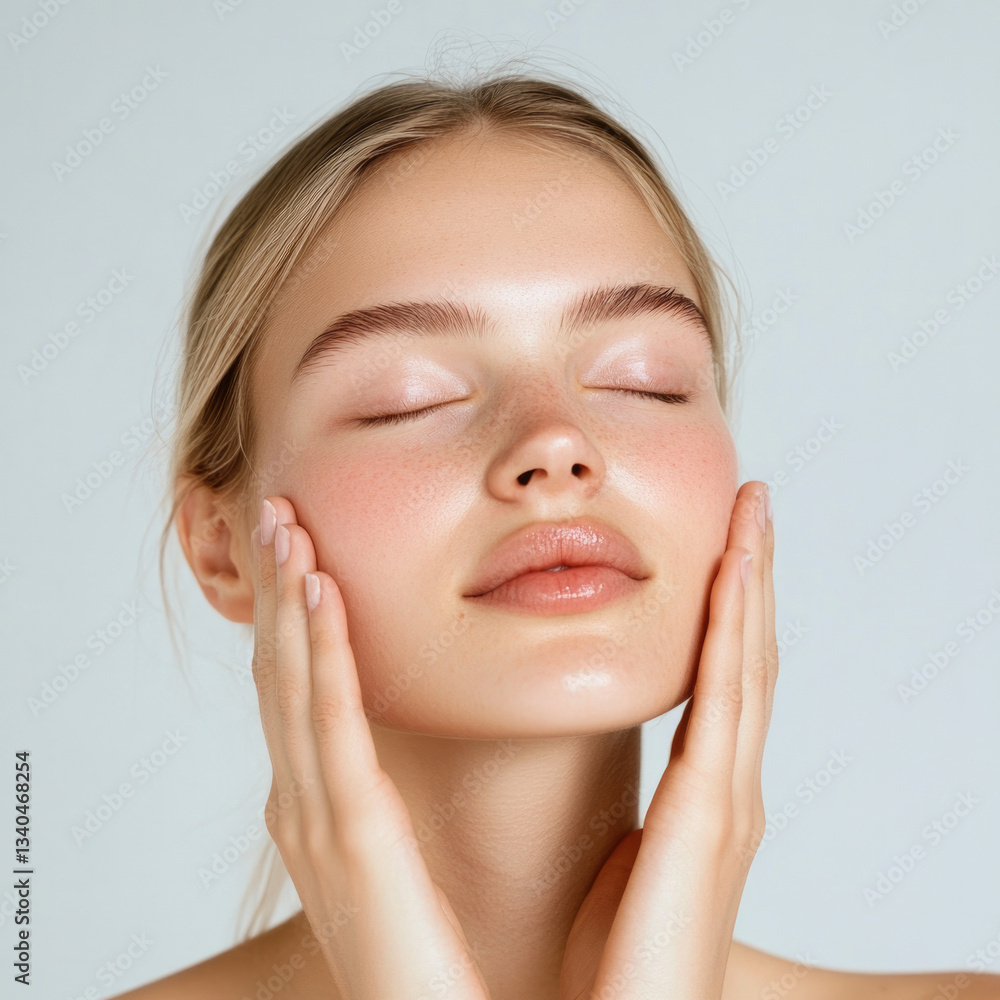 young woman with serene expression gently touching her face, showcasing healthy skin and natural beauty young woman with serene expression gently touching her face, showcasing healthy skin and natural beauty