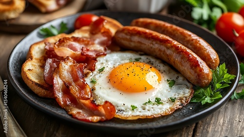 Breakfast egg ham sausages bacon tomato