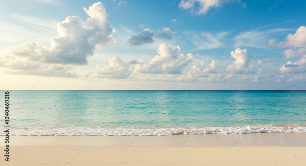 Serene beach scene with a clear blue ocean, white sandy shore, and fluffy white clouds against a bright blue sky is featured capturing tropical beauty Serene beach scene with a clear blue ocean, white sandy shore, and fluffy white clouds against a bright blue sky is featured capturing tropical beauty