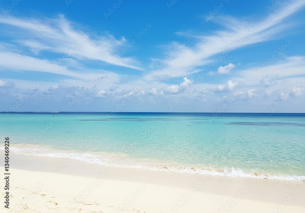 Tropical beauty is captured by a serene beach scene with a clear blue ocean, white sandy shore, and fluffy white clouds against a bright blue sky Tropical beauty is captured by a serene beach scene with a clear blue ocean, white sandy shore, and fluffy white clouds against a bright blue sky