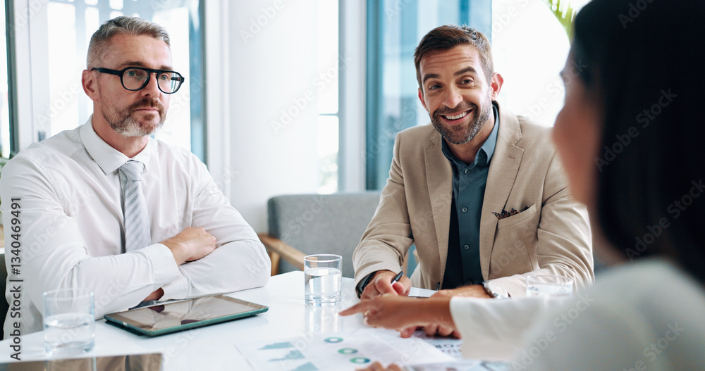 Obraz premium Discussion, documents and business people in office with planning for company investment. Meeting, paperwork and team of financial advisors with profit, revenue or dividend chart for finance proposal