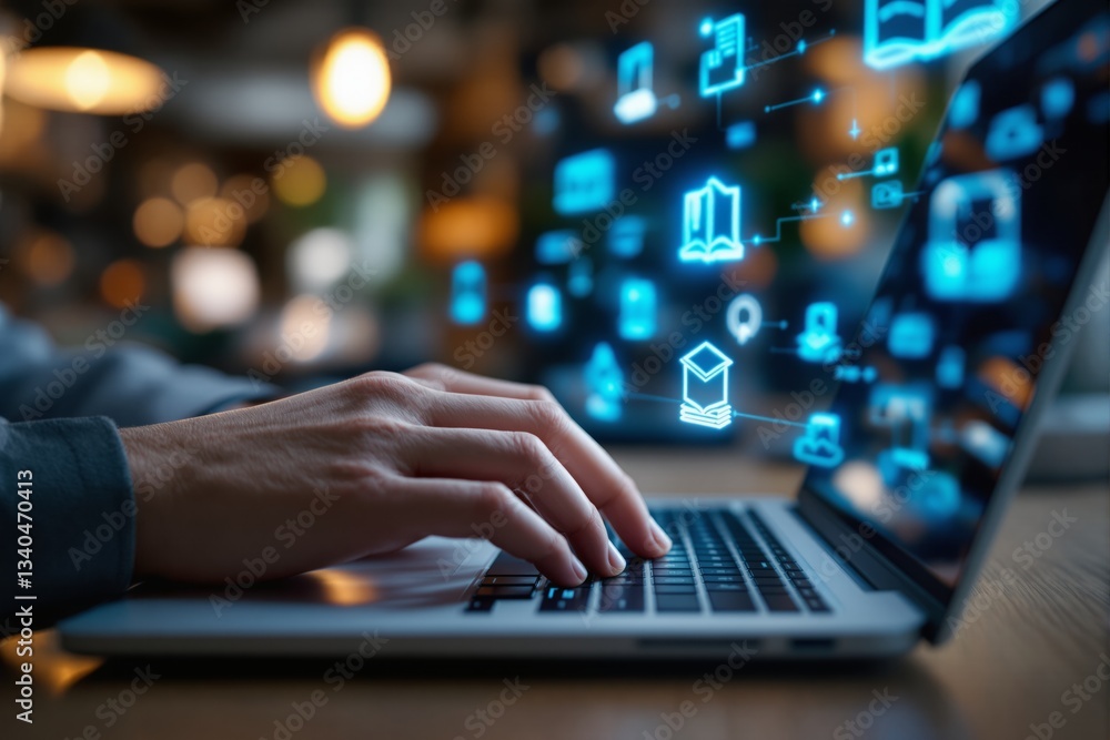 Digital learning concept with futuristic icons above laptop keyboard. Digital learning concept with futuristic icons above laptop keyboard.