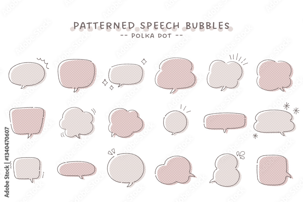 手描きのかわいい吹き出しセット。ペンで描いたラインと水玉模様の塗り。