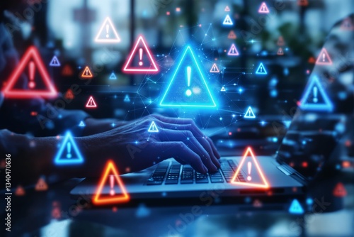 Cybersecurity threat concept with hands typing on laptop and warning symbols floating in digital space.