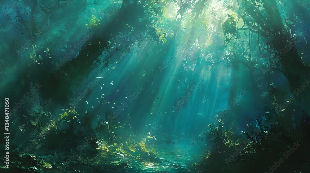 Fototapeta premium Misty Forest with Dreamy Light Beams