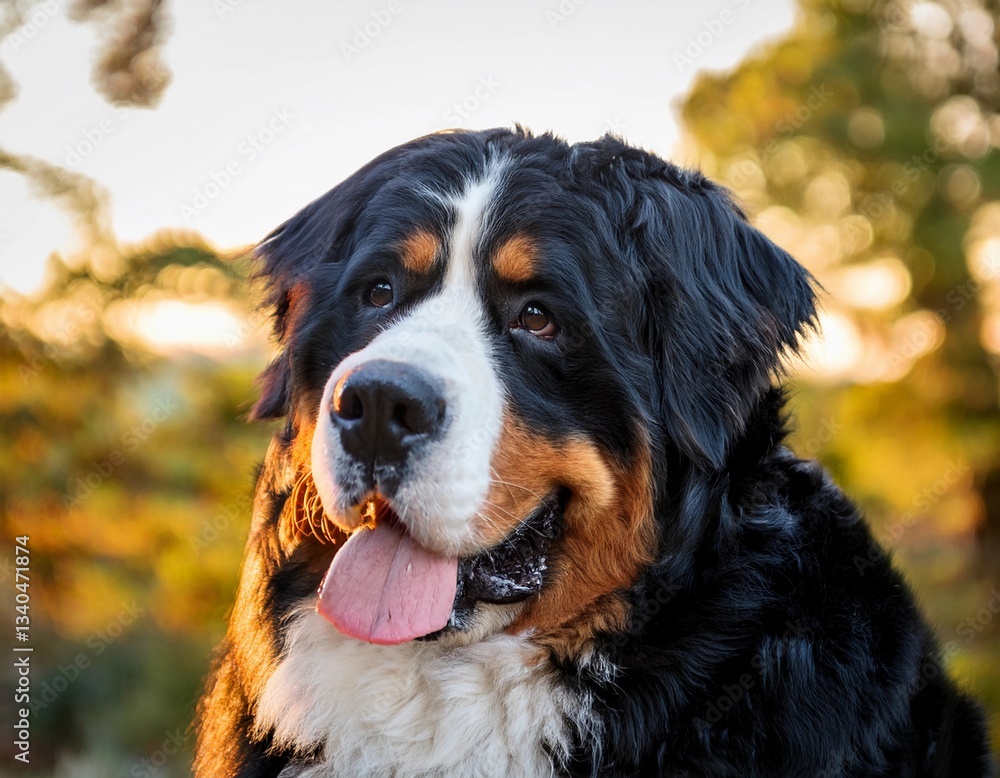 A beautiful Bernese Mountain Dog lying on a sunlit field during golden hour. The fluffy, tricolor dog looks happy with its tongue out. Perfect for pet, nature, and outdoor themes. A beautiful Bernese Mountain Dog lying on a sunlit field during golden hour. The fluffy, tricolor dog looks happy with its tongue out. Perfect for pet, nature, and outdoor themes.